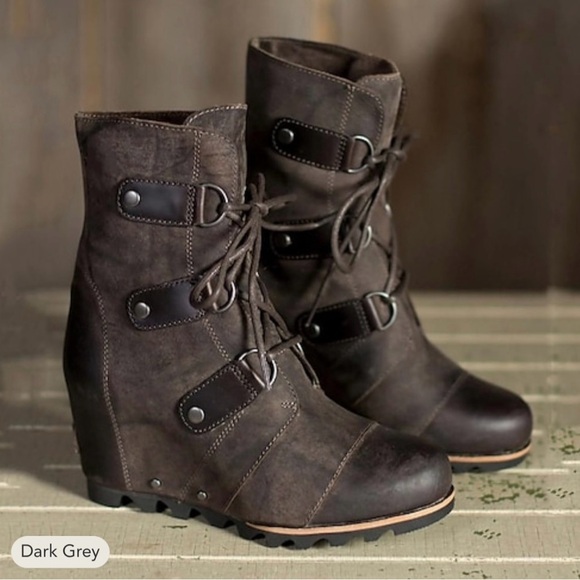 SOREL Joan Of Arctic Wedge Boot W’s 9 Leather Lug Sole NL1987-028 Dark Grey - Picture 14 of 15